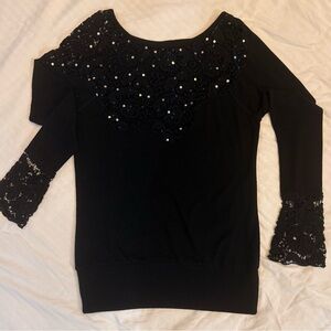 Black Lace & Sequin Scoop Neck Sweater